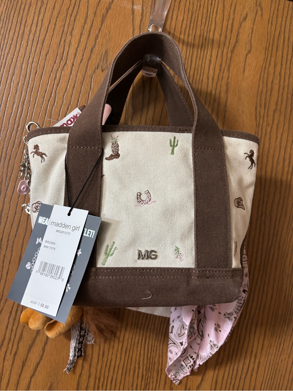 Madden Girl Horse Western Canvas Tote Purse with Pink Bandana, Charm, Bracelet - Picture 5 of 7